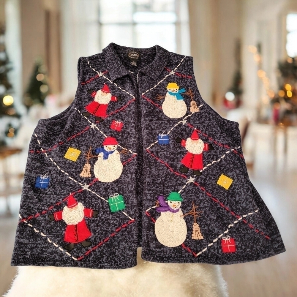 Design Original Studio 2x Christmas Sweater Vest Santa Snowman beaded T34
